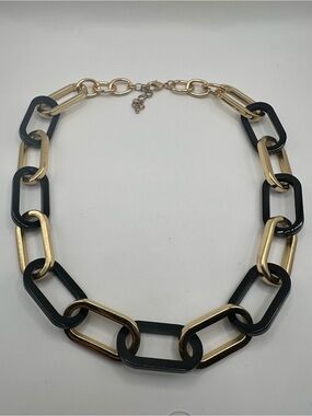 Chunky Gold Tone Black Link Chain Necklace Oval Acrylic Statement Collar 16-18"